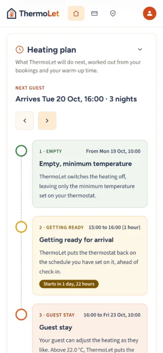 The heating plan in ThermoLet on a phone for my next guest, arriving Tuesday 20 October at 16:00 for 3 nights: empty at the minimum temperature from Monday 19 October at 10:00, getting ready for arrival from 15:00 to 16:00, then the guest stay until Friday 23 October at 10:00.